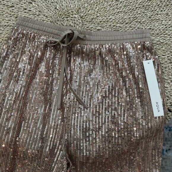 NWT AQUA Metallic Sparkly Rose Gold Sequin Jogger Pants Size XS - Picture 6 of 9